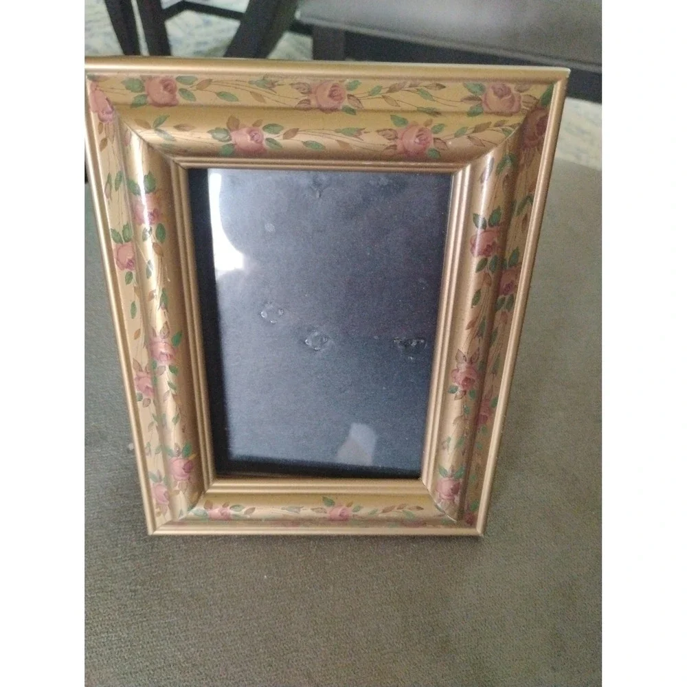 Vintage Gold Floral Picture Frame Pink Rosebud Hand Painted Style 4x6 Tabletop